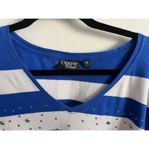 ONQUE Casuals 2X Navy Turquoise Gray Top 3/4 Sleeve Stretch Cotton Spandex Woman - Picture 2 of 4